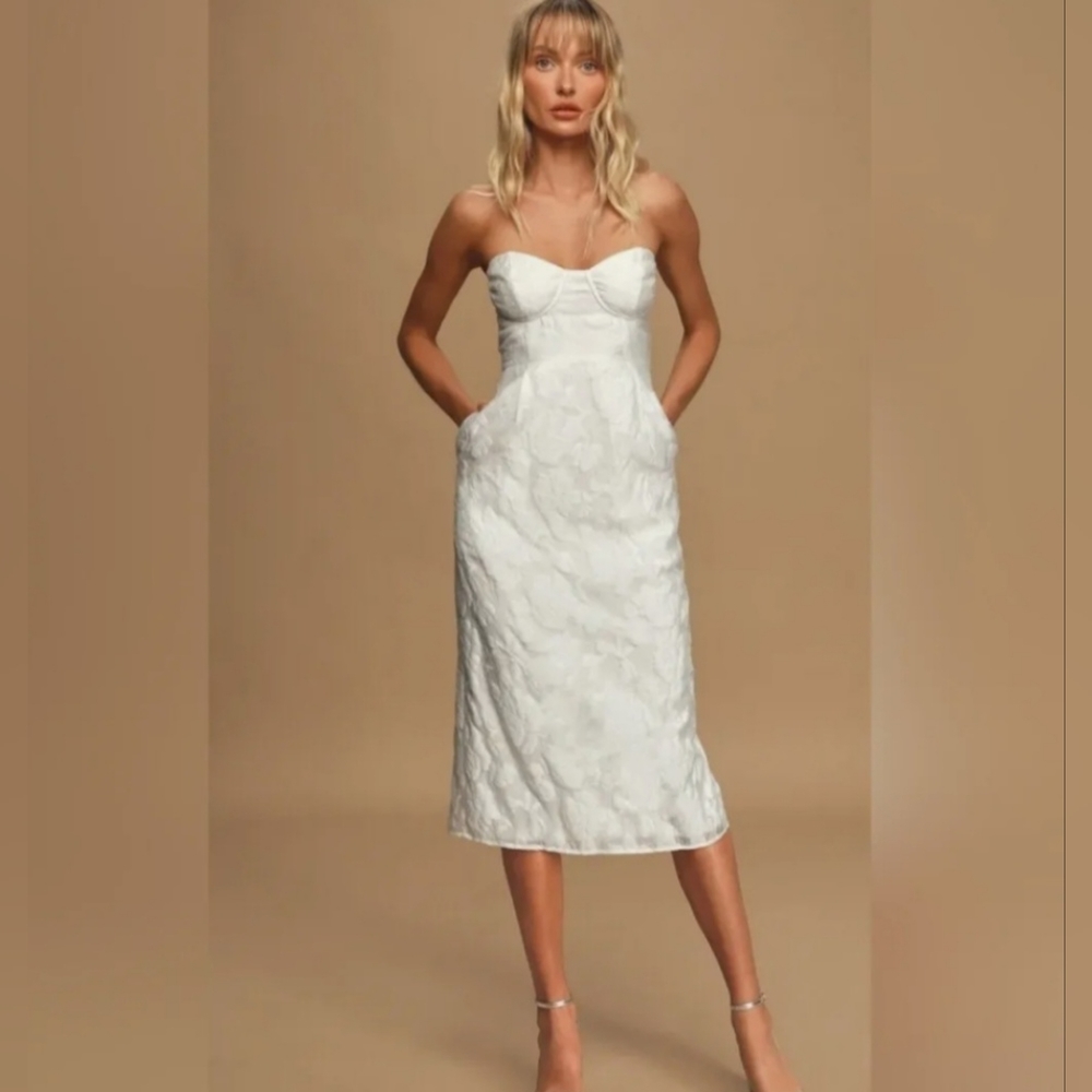 Lulus From this Day White Floral Jacquard Strapless Midi Dress